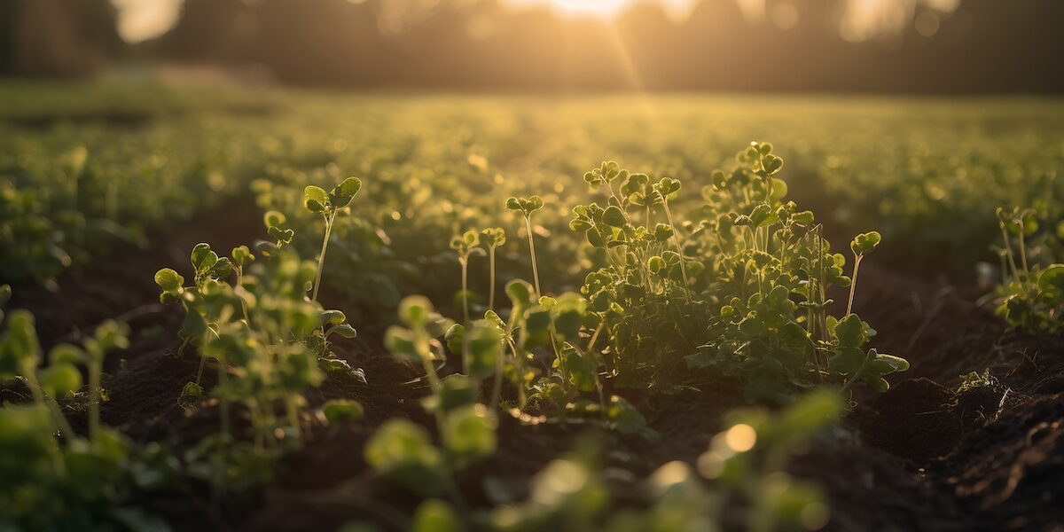 Young seedlings of peas on the field in the rays of the setting sun