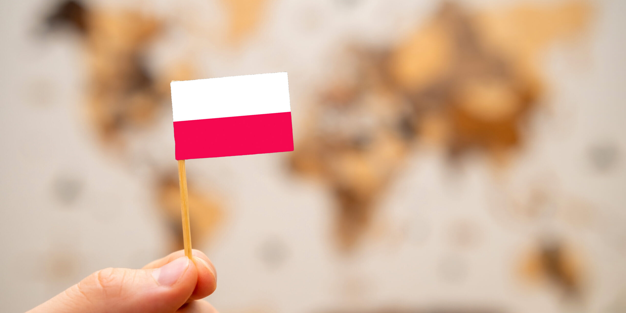 Poland flag in mans hand on the wooden world map background. Global economy and geopolitics concept.